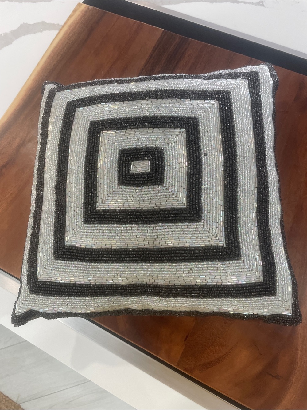 Beaded Square Accent Pillow in Black and Silver